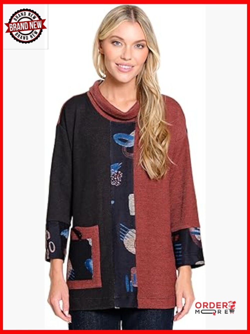 Ribbon Textured Knit Cowl Neck Tunic with Pockets 3/4 Sleeve